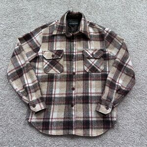 Vintage JCPenney Plaid Wool Blend Flannel Shirt Jacket Shacket Brown Tan Small